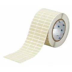 Precut polyimide label roll with permanent adhesive, yellow matte finish. Each label measures 3/8 in x 1 in. Compatible with BBP12 printer series. Used for wire marking, component labeling, and asset tagging in industrial environments requiring heat or chemical resistance.