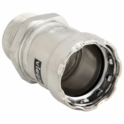 VIEGA MEGAPRESS Crimp Adapter Fitting: 3/4 in Pipe x 3/4 in Pipe Size, Press-fit x MNPT - Potable Water Stainless Steel Press Fittings