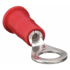Vinyl-insulated ring terminal for #6 studs, rated 1000 V. Accepts 22 to 18 AWG wire. Used for secure crimp connections in control panels, automation systems, and power distribution.