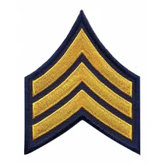 Embroidered rank insignia patch for identifying the Sergeant rank on uniformed service garments. Measures 3 inches, features gold and navy colors, and is constructed from polyester and rayon. Sold as a pair (1 PR).