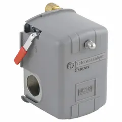 Diaphragm-actuated air compressor switch for controlling motor start/stop based on tank pressure. Pressure range 70-150 psi with Auto/Off operation. Features four 1/4" FNPS connections. Suitable for industrial air compressors, pneumatic systems, and pressure vessels.