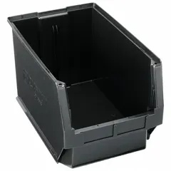 This recycled plastic shelf bin is constructed from 100% recycled content and measures 19 3/4 in overall length by 12 3/8 in x 11 7/8 in. It is black and does not include dividers. The bin is not electrostatic discharge conductive. Typical applications include organizing and storing parts, tools, or components in industrial warehouses, workshops, and manufacturing facilities.