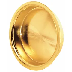 This round recessed handle is made of steel with a polished brass finish in gold. It features unthreaded mounting holes and is supplied as a single piece. Suitable for cabinet drawers, trays, and furniture where a flush, low-profile grip is required.