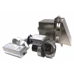 Pipe-mount exhaust draft inducer for natural gas furnaces, designed for 4-inch vent pipe. Operates on 115V AC, 1.26 A. Includes vent hood. ETL Listed.
