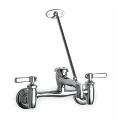 This wall-mounted widespread utility faucet is constructed of cast brass with a polished chrome finish. It features an arc spout and includes a pail hook for convenient bucket filling. Suitable for heavy-duty service sink applications in commercial and industrial settings.