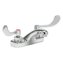 Centerset bathroom faucet with low arc spout. Brass construction with chrome finish. Flow rate of 2.2 gpm. Includes integral shank. Suitable for bathroom sinks in residential and commercial settings.