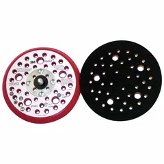 This 3M backing pad is 5 inches in diameter and 3/8 inch thick, with a 5/16"-24 threaded-shank tool connection. It features a hook-and-loop surface for attaching compatible sanding discs and a vacuum-hole design for dust extraction during sanding operations on surfaces such as wood, metal, or composites.