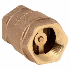 This inline disc check valve features a lead-free bronze body and a spring-loaded disc that prevents backflow in piping systems. Suitable for use in plumbing and industrial applications where backflow prevention is required. Pipe size: 1-1/4 in.