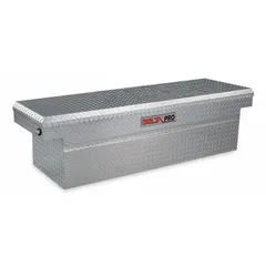 This single-lid crossover box is constructed from aluminum with a silver finish. It has an overall width of 71 inches, designed for mounting across a truck bed to provide secure, weather-resistant storage for tools and equipment.