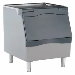 Polyethylene ice bin with top-hinged lid for commercial ice storage. Unfinished exterior. Dimensions: 31 in height, 30 in width, 34 in depth. Stores up to 344 lb of ice. Suitable for use with ice machines in foodservice and hospitality settings.