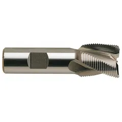 Cobalt roughing end mill with TiN coating and fine-pitch 4-flute design. Mill diameter 7/16", length of cut 1/2". Suitable for heavy material removal in ferrous metals, steel, and alloys. Used for roughing passes in mold, die, and general machining applications.