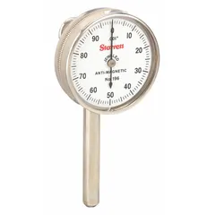 This STARRETT dial indicator is an inch-reading continuous flat back model with a 0-0.2 in range and 0.001 in graduation. It features a back plunger design for mounting in confined spaces on fixtures or machine tables. The 0-100 dial provides clear readings for comparative measurements and runout checks in machining and inspection tasks.