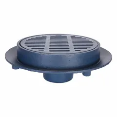 This ZURN area drain features a cast iron frame and body with a slotted round top for surface water collection. Designed for floor drainage in commercial and industrial settings, it connects to 4-inch nominal pipe systems. The cast iron construction provides structural support in areas with foot traffic.