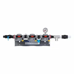 This appliance water filter head features a dual port triple manifold design with 3/4 in MNPT connections. It has an overall height of 8 3/8 in. Used in water filtration systems for commercial or industrial equipment requiring a manifold head.