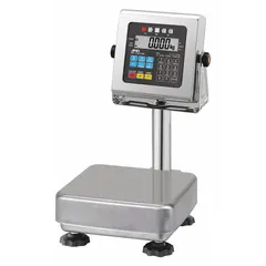 The A&D WEIGHING HV-15KCWP is a food scale with an LCD display and a 9 7/8-inch square weighing surface. It offers readability of 0.005 kg/0.01 lb/0.2 oz and an IP65 rating for protection against dust and water jets. An RS-232 port enables data communication for inventory or printing tasks. Typical applications include commercial kitchens and food processing environments.