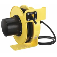 Hardwired self-retracting cord reel with ratchet lock mechanism. Includes 50 ft of 10 AWG SOOW cable terminated with bare wire, rated for 600V AC. Suitable for industrial environments requiring a retractable power source for tools and equipment.