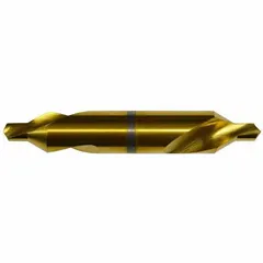 Left-hand plain-tip center drill, double-ended, size #9 with 60° included angle. Made of TiN coated high speed steel. Overall length 3 5/8 in. Used to create conical starting holes for lathe work, ensuring accurate alignment between centers.