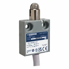 This top-mount limit switch features a cross roller plunger actuator and a metallic steel housing. It is equipped with a pre-wired cable connection. Typical applications include position detection and presence sensing of moving parts in industrial machinery and automation systems.