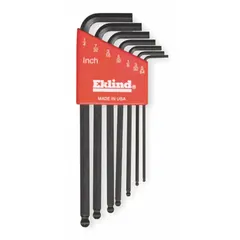 This L-shaped hex key set includes 7 SAE keys with a single ball end on the long arm, allowing access at angles up to 25 degrees. The keys feature a black oxide finish and are held in a plastic holder. Suitable for tightening or loosening hex socket screws in confined spaces during maintenance and assembly tasks.