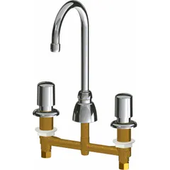 Centerset cast brass widespread push-button metering bathroom faucet with polished chrome finish and aerated flow. Includes mounting hardware. Suitable for commercial restrooms requiring timed water flow for water conservation.