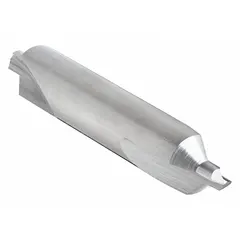 Plain-tip center drill with double-end design for extended tool life. Size #5/0 with 82° included angle, 1 1/2 in overall length, made from carbide. Used to create precise conical starting holes in workpieces for lathe turning or grinding operations.