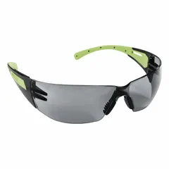 Frameless safety glasses with hard-coated smoke lens and black/green frame from the XM300 Series. Padded comfort-fit design for extended wear. Suitable for impact, dust, and debris protection in industrial environments such as machining, material handling, and general plant operations.