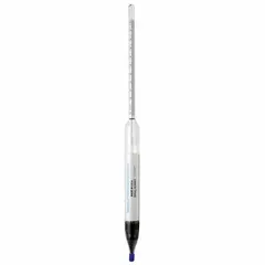 This specific gravity hydrometer measures the density of liquids relative to water, with a range of 1.200 to 1.420 and scale divisions of 0.002. It features a ballast type construction and an accuracy of ±0.002°. A built-in 0 to 150°F thermometer enables simultaneous temperature measurement for compensation. Suitable for laboratory and industrial fluid analysis.