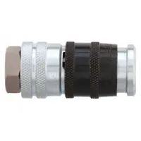Steel quick-connect air coupling body with 1/4"-18 female thread and push-to-connect locking. Used in pneumatic systems for tool-free connection of air tools, compressors, and fluid transfer lines