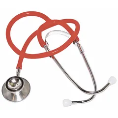This acoustic dual stethoscope is designed for auscultation of heart, lung, and bowel sounds in both adult and pediatric patients. It features a red finish, includes a spare diaphragm, and has an overall length of 22 inches. Suitable for general clinical examination in medical settings.