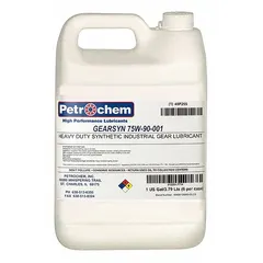 PETROCHEM GEARSYN is a synthetic gear lubricant for heavy equipment drivetrains, supplied in a 1-gallon jug. It has an SAE viscosity grade of 75W and a viscosity index of 146. Suitable for use in industrial gearboxes and differentials requiring this viscosity grade.