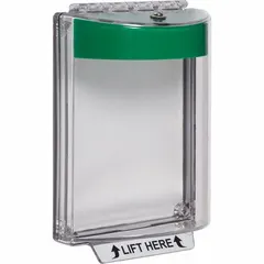 This clear polycarbonate wall fixture guard is designed for indoor use with emergency buttons. It features a LIFT HERE legend, flush-mount installation, and an IP56 water-resistant rating. The cover includes mounting hardware and helps protect against vandalism and accidental activation.
