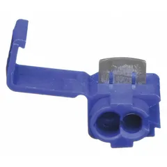 Blue insulation displacement connector for splicing or tapping 18 AWG to 16 AWG solid or stranded copper conductors without stripping insulation. Rated 1000 V, with two ports for run and tap wires. Suitable for control panels, lighting circuits, and junction boxes.