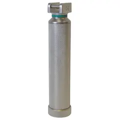 This reusable laryngoscope handle is constructed from chrome-plated brass with a silver finish. It features fiber optic illumination for use with compatible laryngoscope blades in airway management procedures.