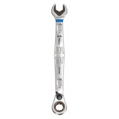 This 19 mm combination wrench features a spline ratcheting mechanism for faster fastener turning without repositioning. The offset design provides access to recessed bolts in tight spaces. Constructed from alloy steel with a nickel chrome finish, it measures 9 5/8 inches overall. Suitable for general mechanical assembly and maintenance tasks.
