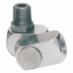 This double-pivot air line fitting is constructed from nickel-plated 1215 CR aluminum with a 360° swivel angle. It has a 1/2 in male NPT inlet and a female NPT outlet, using a Buna-N seal. Designed to prevent hose kinking and tangling in pneumatic systems, it is suitable for applications requiring flexible air line routing.