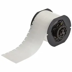 Acrylic thermal transfer precut label roll with aggressive permanent adhesive, 1 1/2 in size, 5,000 labels per roll. Halogen-free construction. Compatible with i5300 printer series. Used for industrial identification and labeling in environments requiring durable, permanent marking on challenging surfaces.