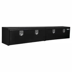 This topside box features double drop-down doors with a T-handle and keyed lock for secure storage. Constructed in black, it has an overall width of 96 inches. Suitable for mounting on pickup trucks to organize tools and equipment.