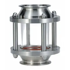 This sanitary full-view flow indicator features a Type 316 stainless steel body and a borosilicate glass window for visual verification of fluid flow, color, and clarity. It is designed for vertical mounting, accommodates flow in any direction, and has a silicone seal. With a maximum operating pressure of 100 psi, it is suitable for hygienic applications requiring corrosion resistance.