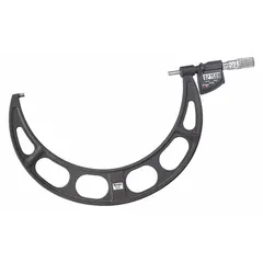 This micrometer measures outside diameters from 250 mm to 275 mm with inch/metric resolution of 0.0001 in/0.001 mm and accuracy of ±0.00015 in. It features SPC output for data collection and an IP67 rating for resistance to dust and water. Includes a Certificate of Inspection.