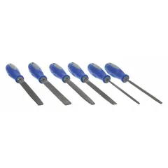 This 6-piece file set includes bastard cut and smooth cut files plus a 6 in half round wood rasp, suitable for shaping, finishing, and deburring metal and wood. Supplied with a pouch and handle for immediate use.