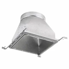Square to round adapter boot used to transition from a square duct to a round pipe in HVAC systems. Made of steel with a 10-inch diameter round opening and a 10-inch height by 12-inch width collar. Cap and collar are steel. Supports and connects venting components for proper airflow.