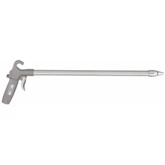 This pistol-grip air gun features an aluminum body with a 1/4 in female NPT connection. It includes one straight, focused nozzle and an extension for directing compressed air precisely in cleaning and blow-off tasks within industrial environments.