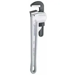 Straight pipe wrench with serrated jaw for gripping and turning pipes and fittings. Overall length 10 in, jaw capacity 1 1/2 in. Suitable for plumbing and mechanical applications.