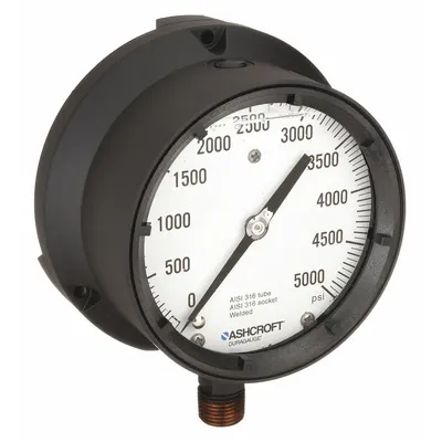 ASHCROFT Process Pressure Gauge: 0 psi to 5,000 psi, White, 4 1/2 in Dial, 1/2 in NPT Male - Vibration-Resistant All-Stainless Steel Wetted Parts & Casing
