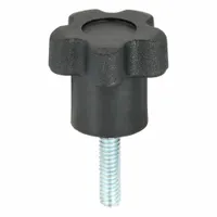 This 5-arm knob features a plastic body with a steel threaded stud for manual clamping, positioning, and adjustment on industrial machinery, jigs, and fixtures. Thread size is 1/4"-20 with a 1 in thread length. Suitable for frequent hand-tightening applications