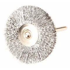 This light-cleaning brush is designed for carbon steel surfaces. It features a crimped steel fill of 0.005" and measures 1 1/4" in diameter with a 3/16" face width. The 1/8" shank allows for use in rotary tools. Typical applications include removing rust, paint, and light burrs, as well as surface preparation and deburring in metalworking and maintenance tasks.