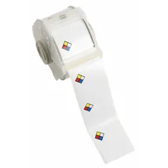Precut label roll featuring an NFPA diamond with a blank text area for custom printing. Made of vinyl with acrylic adhesive, measuring 2 1/4 inches by 2 1/4 inches. Compatible with GlobalMark 2 printer series. Used for facility safety labeling to communicate chemical hazards.