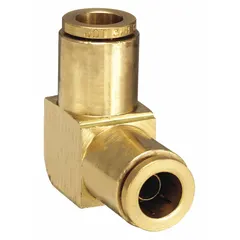 This brass push-to-connect elbow fitting connects two 3/8 in OD tubes at a 90-degree angle. It is used in air brake systems on heavy trucks, trailers, and industrial pneumatic equipment for a reliable, leak-free joint without tools.
