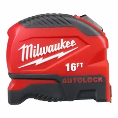 This 16 ft SAE inch tape measure features 1/16 in graduations and an auto-lock mechanism for one-handed operation. The nonmagnetic single hook tip reduces interference with metal studs or electrical components. The plastic housing is colored black and red.