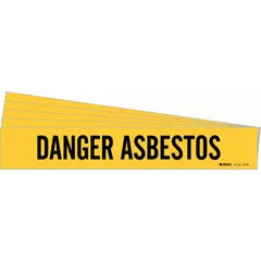 Yellow adhesive pipe marker with black legend reading 'Danger Asbestos' for identifying asbestos-containing pipes. Fits pipe outer diameters from 2-1/2 to 7-7/8 inches. Pack of 5 markers without arrows. Suitable for industrial piping systems where hazard communication is required.